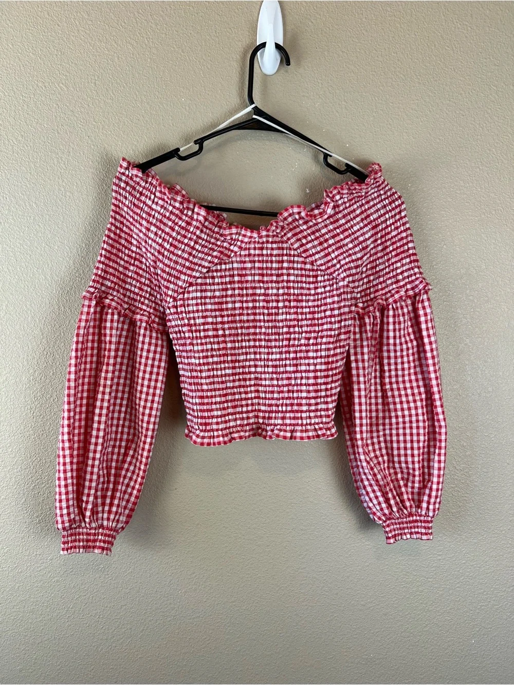 Zara red and white smocked gingham crop top